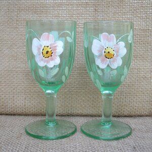 Vintage Imperial Glass Hand Painted Flowers Green Cordials